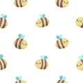 Cute kawaii honey bees fly on white background, seamless vector pattern