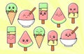 Cute kawaii ice cream characters with many expression