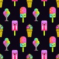 cute kawaii ice cream characters with many expressions seamless pattern, background vector EPS Royalty Free Stock Photo