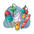 Cute kawaii ice cream set in doodle style