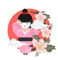 Cute kawaii japanese girl with flowers
