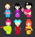 Cute kawaii kokeshi dolls. Traditional japanese dolls. Girls in kimono