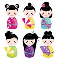 Cute kawaii kokeshi set. Traditional japanese dolls. Stickers, design elements Royalty Free Stock Photo