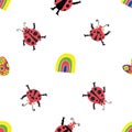 Cute kawaii ladybirds, rainbows, hearts seamless vector pattern background. Happy dancing ladybugs in childlike drawing