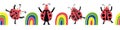 Cute kawaii ladybirds and rainbows seamless vector border background.Banner with happy dancing ladybugs in childlike