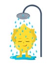 Cute kawaii lemon washes in the shower with closed eyes