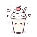 Cute kawaii milkshake with whipped cream and cherry, vector illustration icon with hearts, generative ai