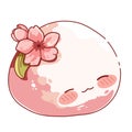 Cute kawaii mochi with sakura flowers. Japanese traditional confectionery. Vector illustration