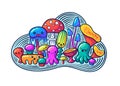 Cute kawaii mushrooms and monsters set in doodle style
