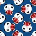 Cute Kawaii panda holding chequered suitcases seamless vector pattern background. Sitting cartoon bears with red check