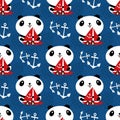 Cute Kawaii panda with sailing boats and anchors. Seamless vector pattern background. Cartoon bears holding red yachts