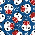 Cute Kawaii panda with suitcases, anchors, yachts seamless vector pattern background. Sitting cartoon bears holding