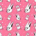 Cute kawaii pattern with rabbits and paws. Gothic dark trendy style