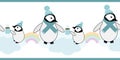 Cute Kawaii penguin baby vector border. Banner with pairs of cartoon emperor chicks in a row wearing hats, scarves Royalty Free Stock Photo