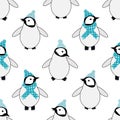 Cute Kawaii penguin baby vector seamless pattern background. Adorable cartoon emperor chicks with blue hats and scarves Royalty Free Stock Photo