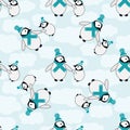 Cute Kawaii penguin baby vector seamless pattern background. Pairs of cartoon emperor chicks with blue hats, standing on Royalty Free Stock Photo