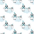 Cute Kawaii penguin baby vector seamless pattern background. Pairs of cartoon emperor chicks with hats, scarves sharing Royalty Free Stock Photo