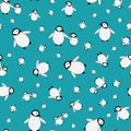 Cute Kawaii penguin baby vector seamless pattern background. Scattered adorable cartoon emperor chicks on antarctic aqua