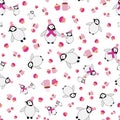 Cute Kawaii penguin baby vector seamless pattern background. Scattered cartoon emperor chicks with pink hats, scarves