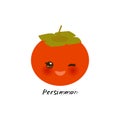 Cute Kawaii persimmon with eyes and pink cheeks, isolated on white background trend of the season. Can be used for cards for