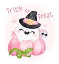 Cute kawaii pink halloween ghost with empty pumpkin basket, trick or treat , happy smile cartoon character bootiful watercolour
