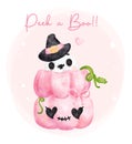 Cute kawaii pink halloween ghost with empty pumpkin basket, trick or treat , happy smile cartoon character bootiful watercolour