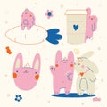 Cute kawaii pink rabbit stickers set kid graphic Royalty Free Stock Photo