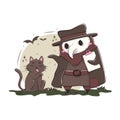 Cute kawaii plague doctor gives treatment recommendations to the cat
