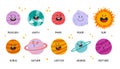 Cute kawaii planet of solar system, funny cartoon characters with friendly smiling faces set