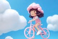 Cute kawaii portrait young or little girl ride a bicycle on fluffy clouds in the sky, wonderland world, minimal concept, travel in