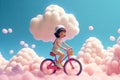 Cute kawaii portrait young or little girl ride a bicycle on fluffy clouds in the sky, wonderland world, minimal concept, travel in