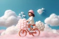 Cute kawaii portrait young or little girl ride a bicycle on fluffy clouds in the sky, wonderland world, minimal concept, travel in