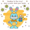 Cute Kawaii Rabbit Bunny Cartoon Character Wearing Medical Mask with Sanitizer. Coronavirus Prevention Kids Vector Information Pos