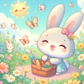 A cute kawaii rabbit in excited expression, bring a picnic basket, in a field of flowers, butterflies, sun, cartoon, anime art