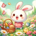 A cute kawaii rabbit with excited expression, in a field of flowers, with picnic basket, butterflies, cartoon, anime art, painting