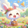 A cute kawaii rabbit in a flowery field, with picnic basket, surrounded by birds and butterflies, cartoon, digital painting, anime