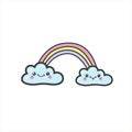 Cute kawaii rainbow with two clouds. Vector color illustration in doodle style.