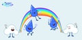 Cute kawaii raindrops jumping over rainbow