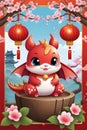A cute kawaii red dragon sitting on the wood, with chinese red lampions, peach blossoms flower, vector art, fantasy, anime design Royalty Free Stock Photo
