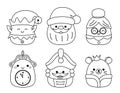 Cute kawaii Santa Claus, elf, clock, Nutcracker. Coloring page. Squishmallow. Black white. Vector