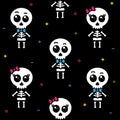 Cute kawaii skeleton boy and girl seamless pattern with black background Royalty Free Stock Photo