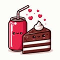 Cute kawaii soda can and chocolate cake with red hearts, delicious food, vector illustration, generative ai