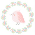 Cute kawaii spring bird and feathers wreath. Seasonal vector illustration