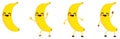 Cute kawaii style Banana fruit icon, eyes closed, smiling with open mouth. Version with hands raised, down and waving.