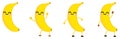 Cute kawaii style Banana fruit icon, eyes closed, smiling. Version with hands raised, down and waving.
