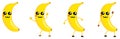 Cute kawaii style Banana fruit icon, large eyes, animal like nose. Version with hands raised, down and waving