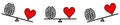 Cute Kawaii style brain and heart on seesaw weight scales, balanced or one side heavier version, emotions and rational thinking