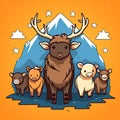 Cute Kawaii style illustration of wild animals including an elk and bears with mountain background