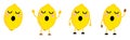 Cute kawaii style lemon fruit, eyes closed, mouth opened. Version with hands raised, down and waving