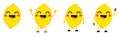 Cute kawaii style Lemon fruit icon, eyes closed, smiling with open mouth. Version with hands raised, down and waving.